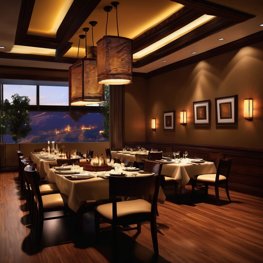 Professional Brazilian steakhouse dining room with grilled picanha display and elegant ambient lighting