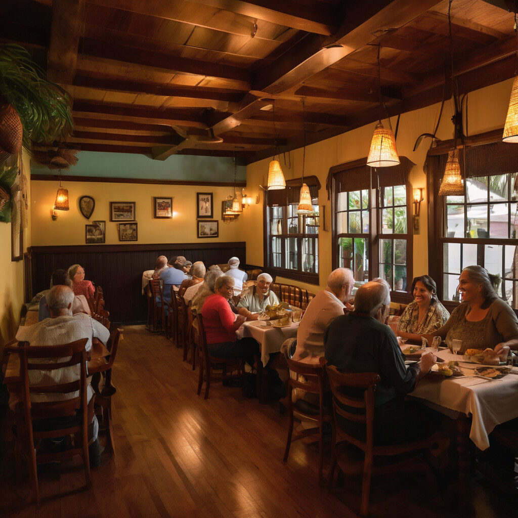 Cozy local Brazilian restaurant with families gathered at tables, intimate warm lighting, and welcoming wood furnishings