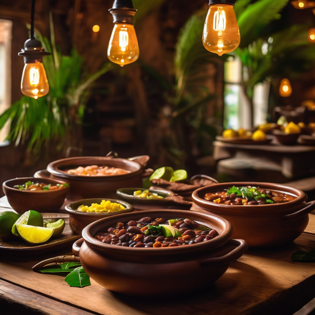 Vibrant Brazilian feijoada lunch spread with rustic wooden tables and warm golden lighting — links to Foodlosophy's website