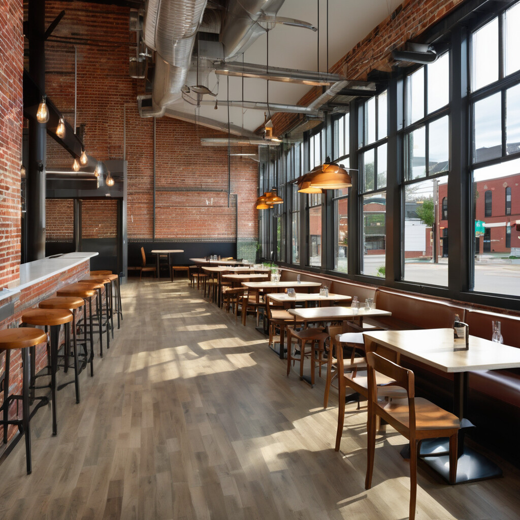 Bright modern counter-service restaurant with natural light from industrial windows and casual seating in mill-city setting